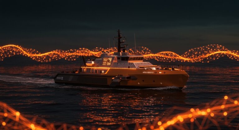 Barco autónomo de Mirai Robotics navegando con tecnología de inteligencia artificial en el sector marítimo de innovación y financiamiento deep tech.