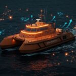 Barco autónomo de Mirai Robotics navegando, simbolizando inteligencia artificial marítima y la economía azul global en la startup italiana.
