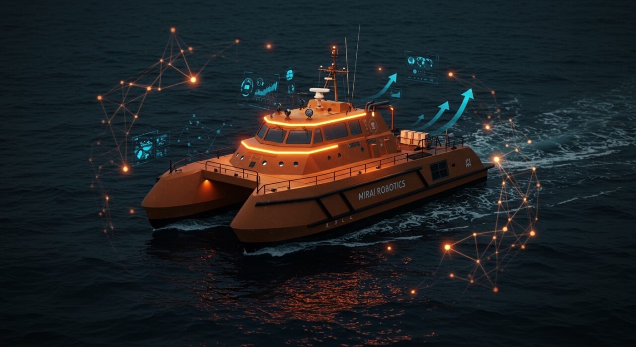 Barco autónomo de Mirai Robotics navegando, simbolizando inteligencia artificial marítima y la economía azul global en la startup italiana.