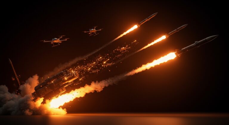 Misiles baratos interceptando drones de bajo costo, simbolizando la innovación tecnológica en defensa y hardware de startups.