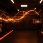 Centro de datos futurista en París iluminado en naranja y negro representando financiamiento de Mistral AI para infraestructura tecnológica en startups.