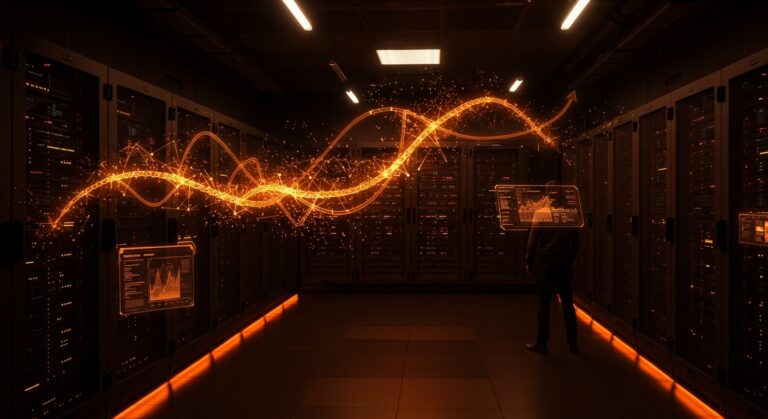 Centro de datos futurista en París iluminado en naranja y negro representando financiamiento de Mistral AI para infraestructura tecnológica en startups.