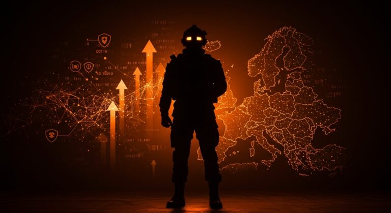 Soldado francés con equipo avanzado frente a mapa digital de Europa, simbolizando la soberanía tecnológica y la inteligencia artificial militar en defensa europea.
