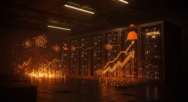 Centro de datos europeo iluminado en colores naranja y negro con representaciones abstractas de inteligencia artificial y financiación tecnológica para startups.