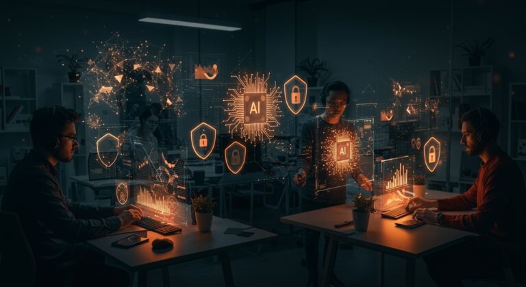 Entrenamiento de modelos personalizados de IA con privacidad total para startups LATAM usando Mistral AI Forge, en una escena colaborativa y tecnológica.