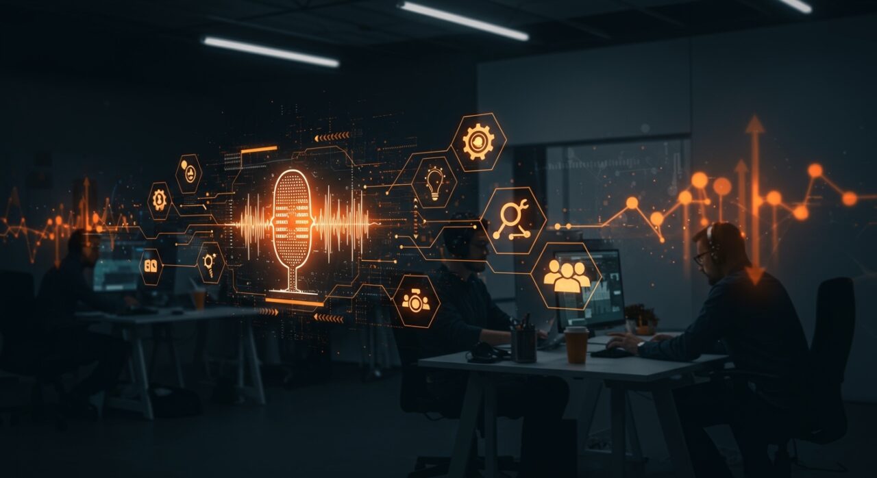 Modelo de voz AI abierto Voxtral TTS de Mistral AI en un entorno de startup tecnológica innovadora, destacando inteligencia artificial y text to speech.