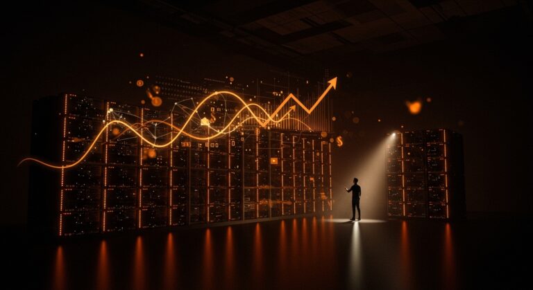 Centro de datos de IA con GPUs Nvidia y fundador observando, simbolizando financiamiento e infraestructura en startups de inteligencia artificial.