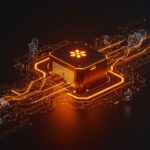 Ilustración futurista del modelo de inteligencia artificial abierto Mistral Small 4 con arquitectura avanzada y automatización para startups, en paleta naranja y negro.