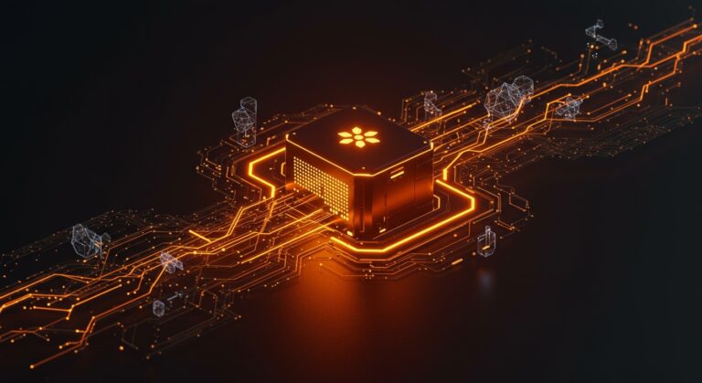 Ilustración futurista del modelo de inteligencia artificial abierto Mistral Small 4 con arquitectura avanzada y automatización para startups, en paleta naranja y negro.