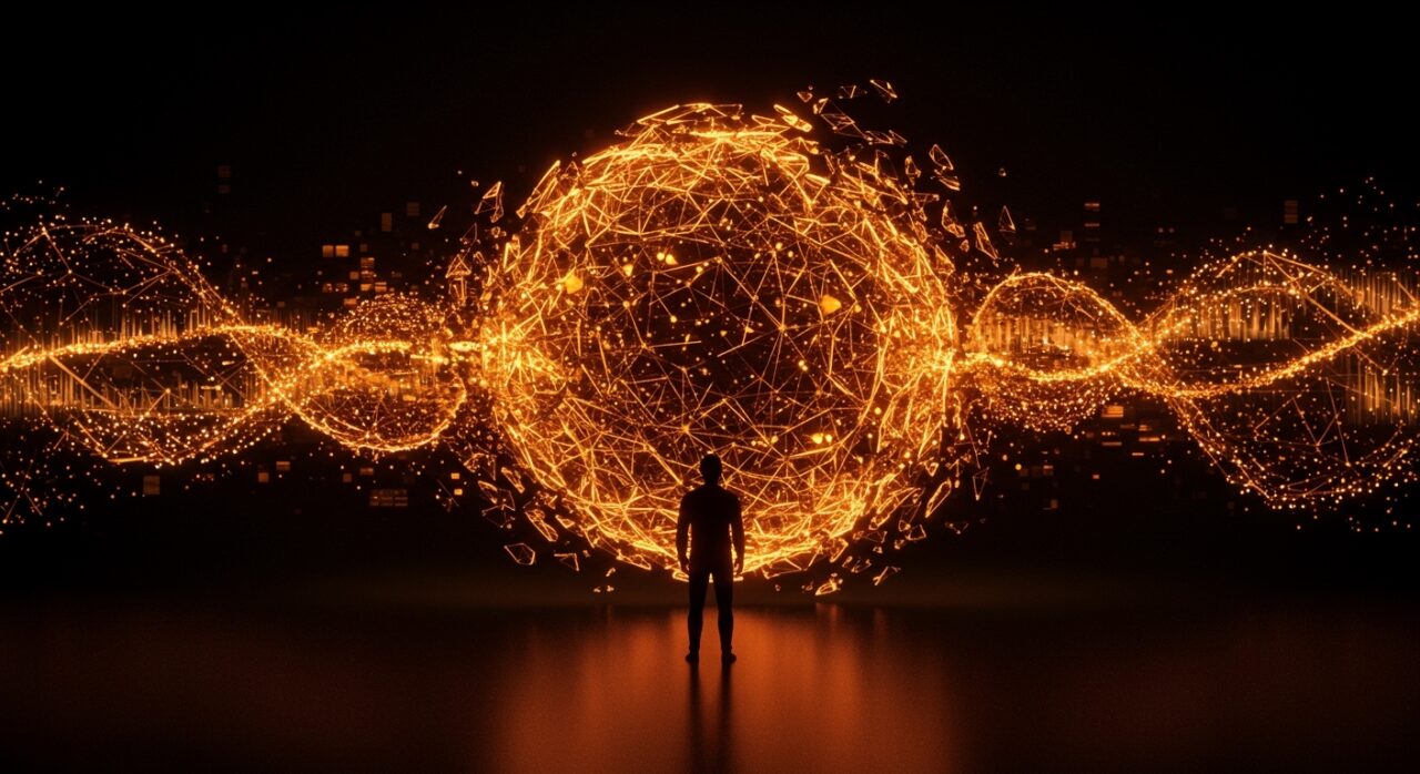 Fundador tech frente a una red neuronal colapsando, ilustrando riesgos de model collapse en inteligencia artificial y protección de modelos IA.