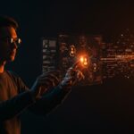 Fundador tecnológico interactuando con interfaz holográfica representando el Model Context Protocol y agentes de IA en ecosistema startup 2026.