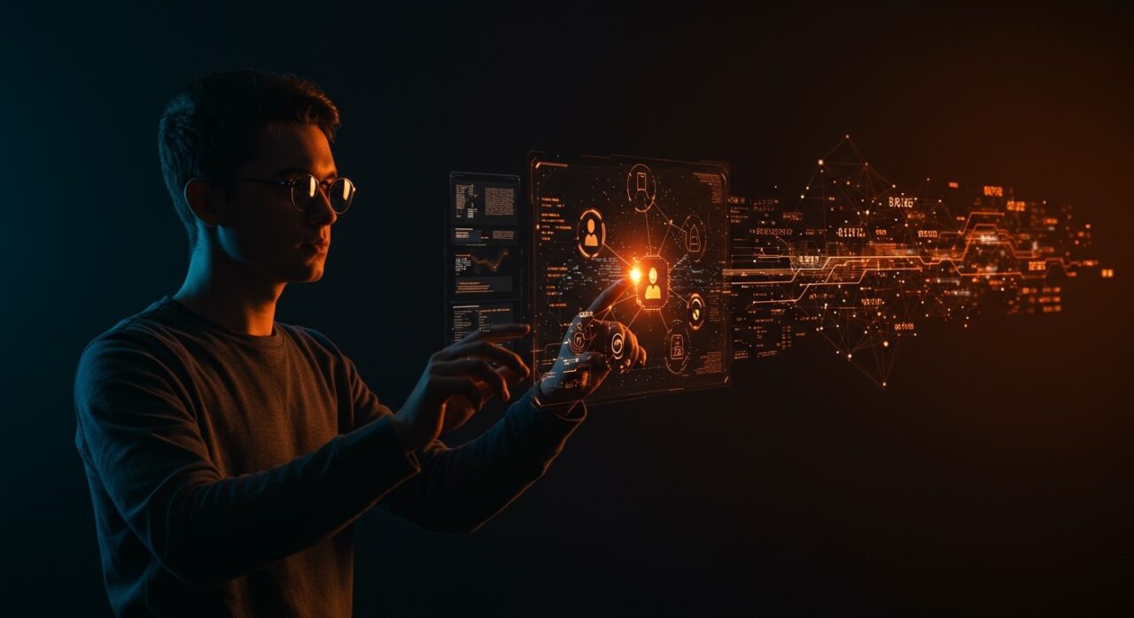 Fundador tecnológico interactuando con interfaz holográfica representando el Model Context Protocol y agentes de IA en ecosistema startup 2026.