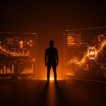 Líder startup frente a interfaz digital con flujos de inteligencia artificial y automatización, representando liderazgo y transformación digital.