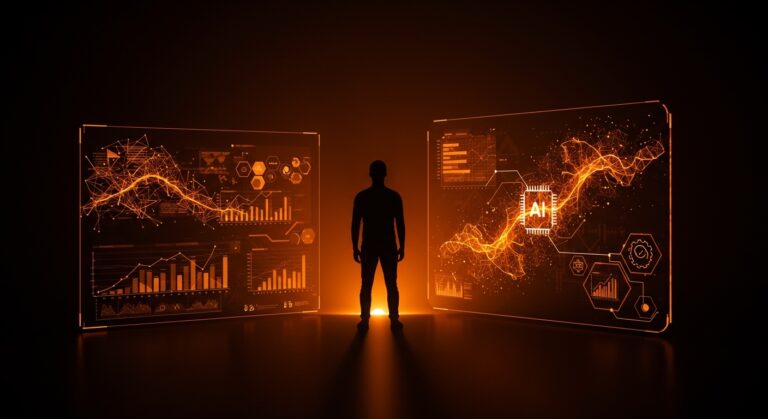 Líder startup frente a interfaz digital con flujos de inteligencia artificial y automatización, representando liderazgo y transformación digital.