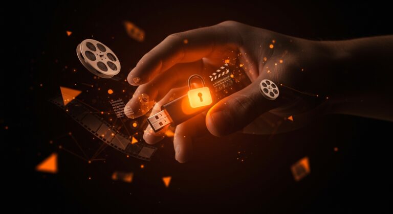 Pendrive encriptado con luz naranja sosteniendo películas de cine independiente, ilustrando un modelo físico innovador para startups tech.