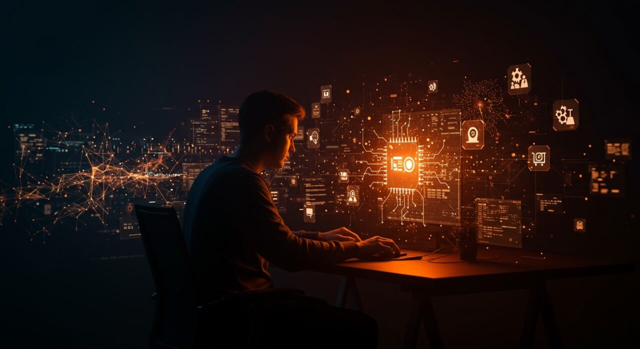 Founder tech trabajando con modelos de codificación IA y automatización en startups, mostrando límites técnicos e integración de sistemas.