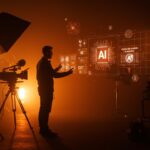 Director de cine interactuando con modelos IA a medida en una producción de Hollywood, destacando la revolución de la inteligencia artificial en el cine.