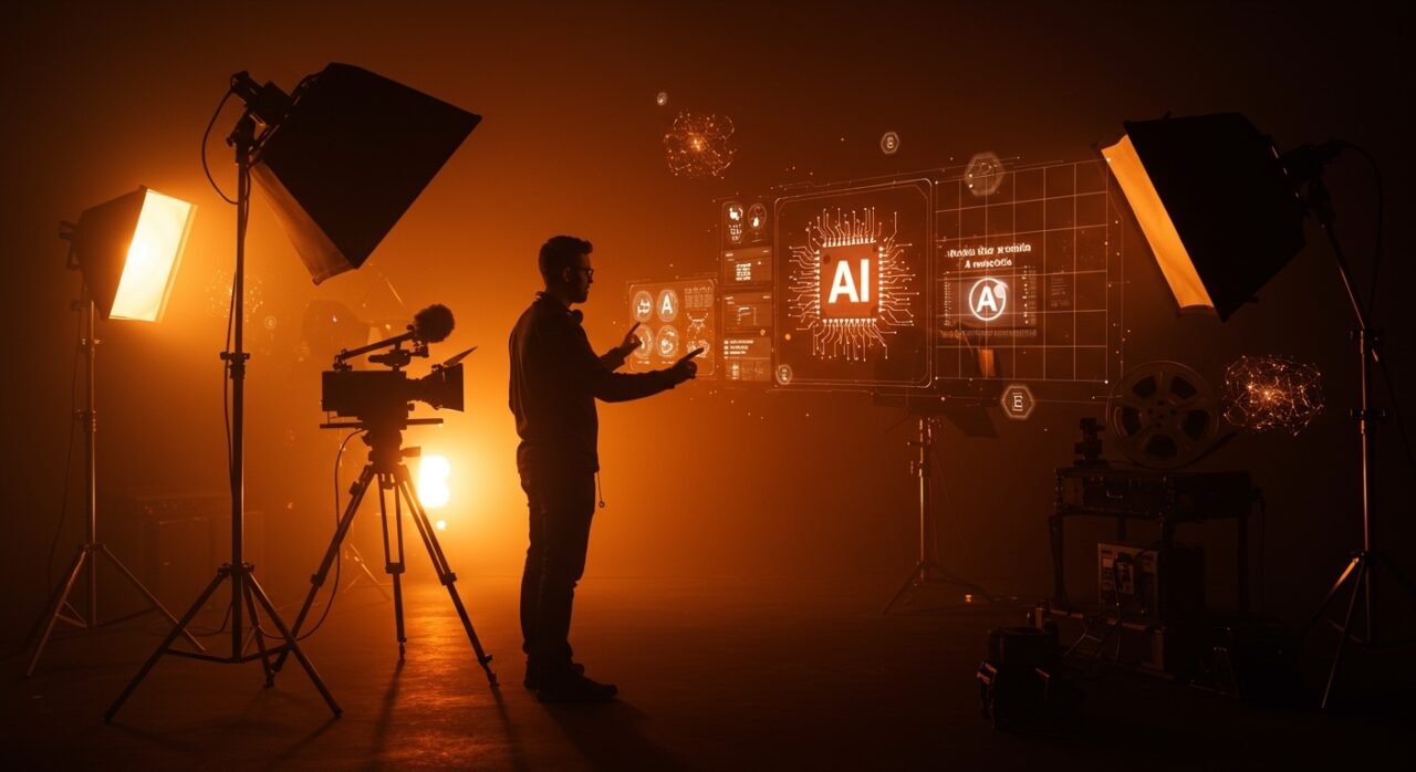 Director de cine interactuando con modelos IA a medida en una producción de Hollywood, destacando la revolución de la inteligencia artificial en el cine.