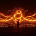 Fundador tecnológico frente a un paisaje digital que representa modelos de mil millones de parámetros y la nueva teoría de inteligencia artificial.