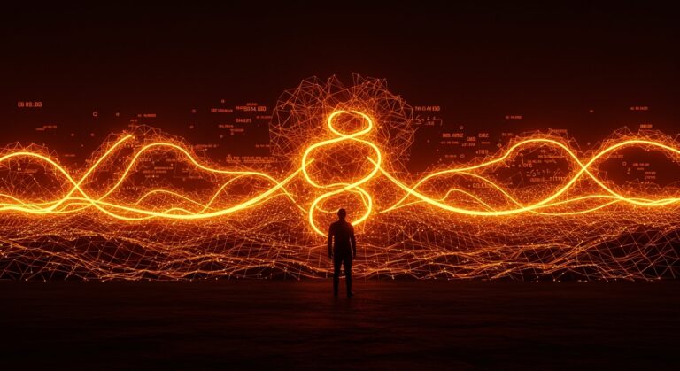 Fundador tecnológico frente a un paisaje digital que representa modelos de mil millones de parámetros y la nueva teoría de inteligencia artificial.