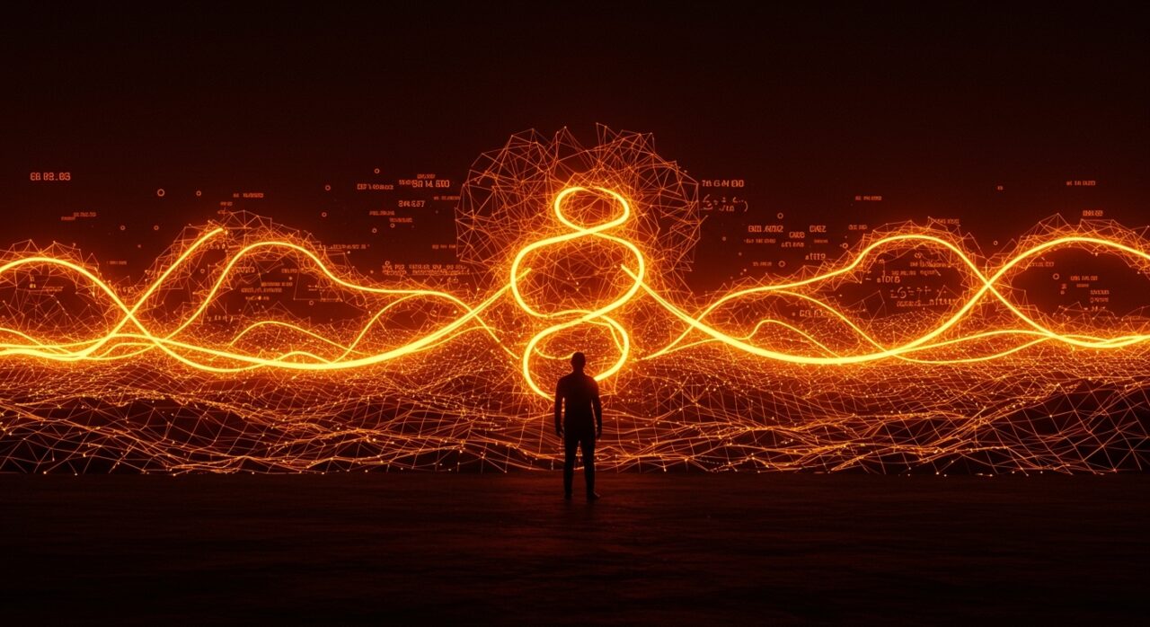 Fundador tecnológico frente a un paisaje digital que representa modelos de mil millones de parámetros y la nueva teoría de inteligencia artificial.