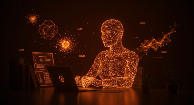 Visualización del lenguaje de programación Mog para agentes IA, mostrando un agente inteligente LLM escribiendo código seguro y de baja latencia con metáforas visuales de automatización y seguridad en IA.