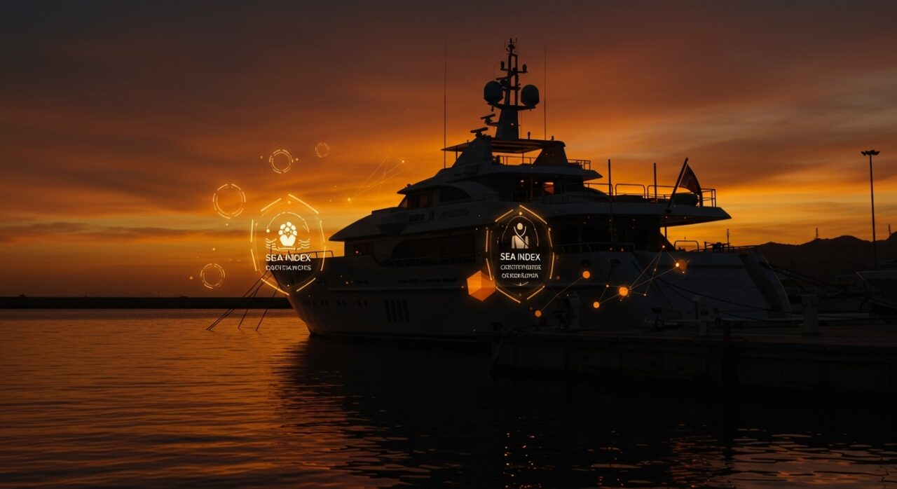 Superyate en zona de bajas emisiones en Mónaco destacando certificación ambiental SEA Index y sostenibilidad marina.