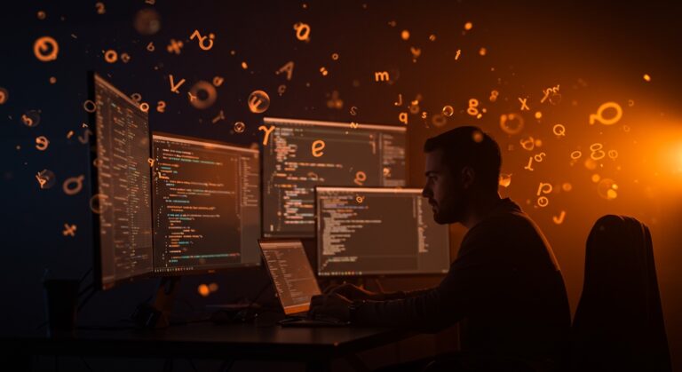 Tipografía open source Monaspace para desarrolladores, representada con un programador en entorno tecnológico con efectos visuales de fuentes y accesibilidad.