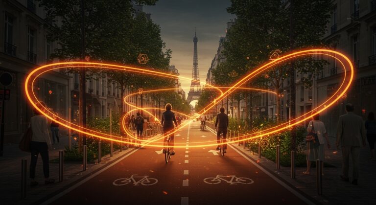 Escena urbana de movilidad sostenible en París con peatones, ciclistas y espacios verdes integrados, destacando la transformación urbana hacia menos autos y mejor calidad de aire.