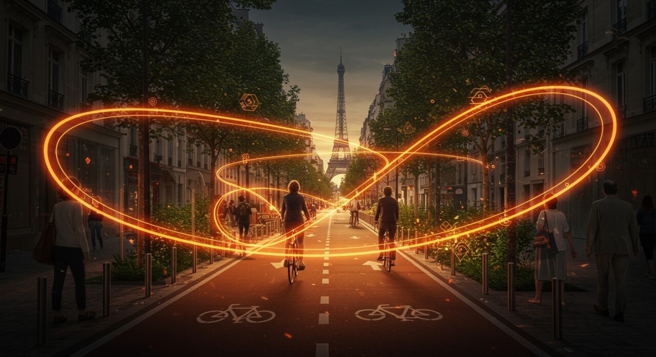 Escena urbana de movilidad sostenible en París con peatones, ciclistas y espacios verdes integrados, destacando la transformación urbana hacia menos autos y mejor calidad de aire.