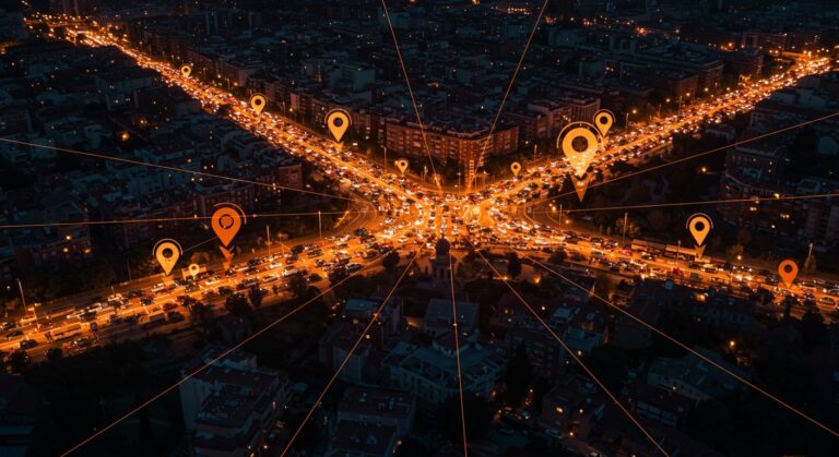 Congestión vial y movilidad urbana en ciudades españolas con empresas en extrarradio causando pérdida de tiempo en desplazamientos.