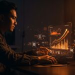 Founder utilizando Moz Pro con IA para optimizar SEO con sugerencias de keywords y métricas de Domain Authority en un entorno digital moderno.