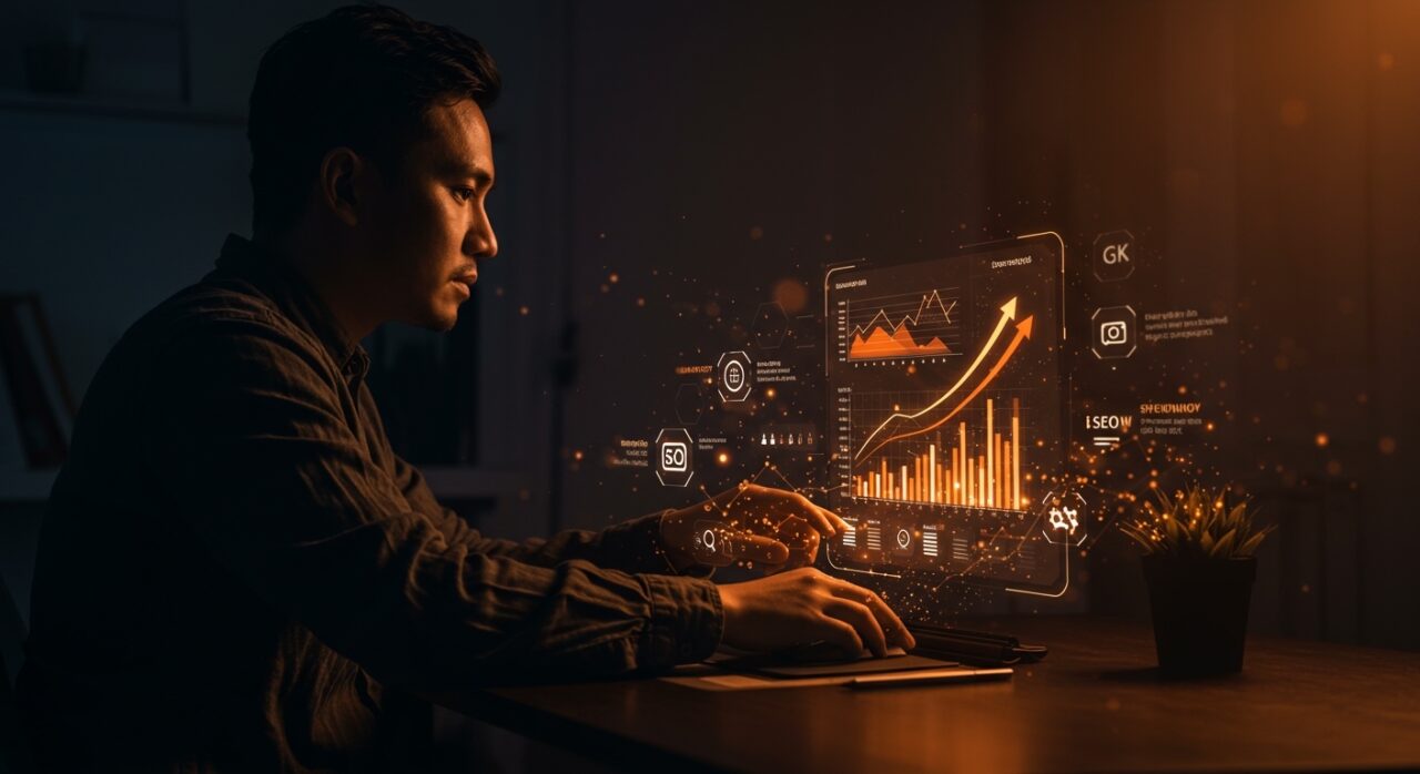 Founder utilizando Moz Pro con IA para optimizar SEO con sugerencias de keywords y métricas de Domain Authority en un entorno digital moderno.