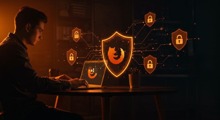 Fundador usando VPN gratis integrado en Firefox, destacando privacidad y seguridad tecnológica para startups.