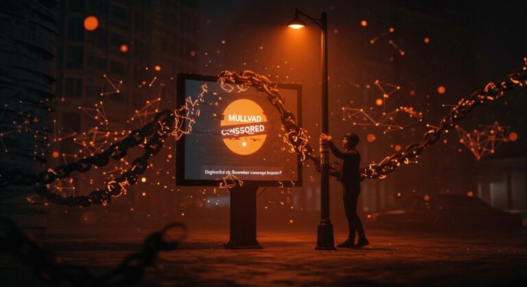 Mullvad VPN y la censura digital en Reino Unido representados mediante una escena urbana de resistencia creativa y privacidad digital.