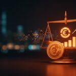 Sistema de multas proporcionales en Finlandia representado con balanza digital y elementos abstractos de equidad y regulación en el contexto tecnológico.