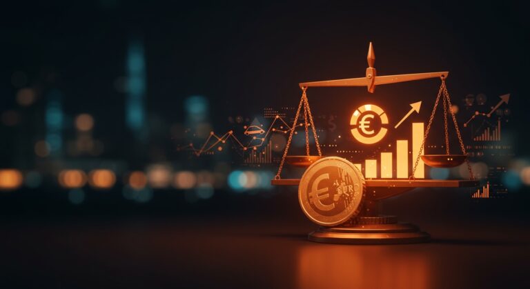 Sistema de multas proporcionales en Finlandia representado con balanza digital y elementos abstractos de equidad y regulación en el contexto tecnológico.