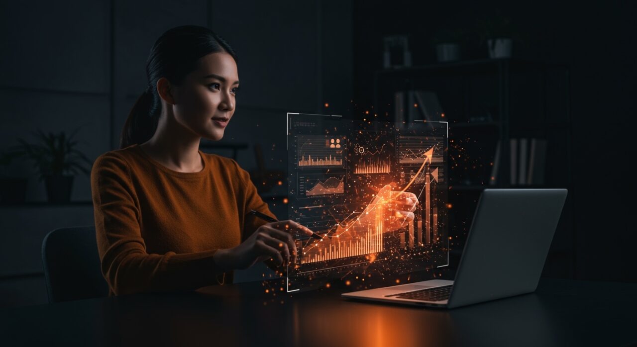 Profesional de marketing analizando campañas B2B potenciadas con IA y crecimiento exponencial en startups digitales.