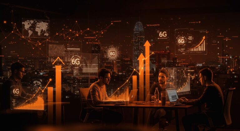 Fundadores de startups tecnológicas colaborando en un espacio futurista en MWC Barcelona 2026, destacando la tecnología 6G y la inteligencia artificial.