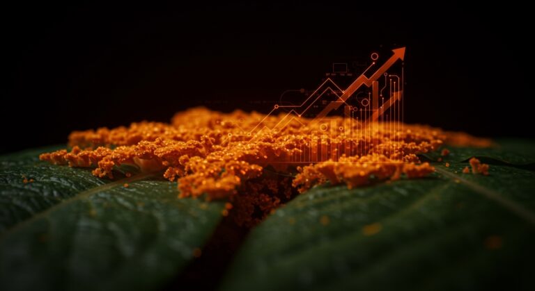 Red de micelio fúngico iluminada protegiendo cultivos verdes, representando la tecnología biológica y la financiación de la startup Mycoverse en agricultura sostenible.