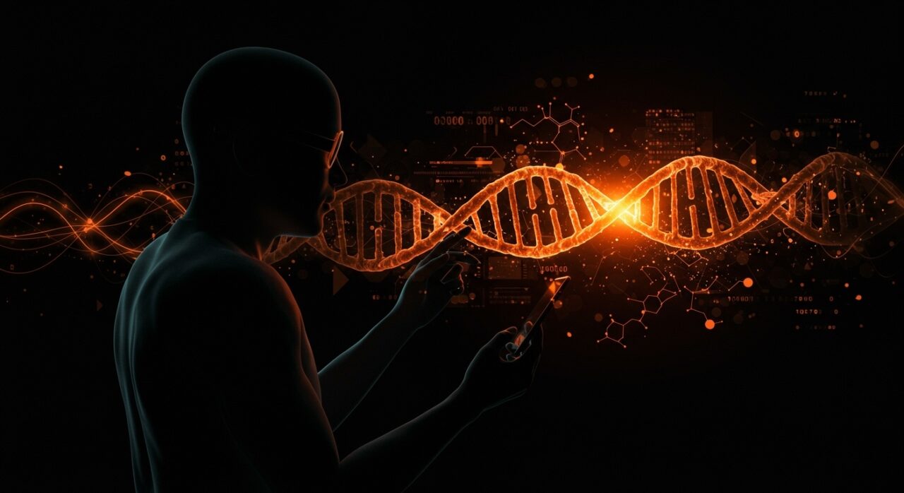 Visual que representa la combinación de análisis de ADN e inteligencia artificial en la startup N-Gene para medicina personalizada y longevidad.