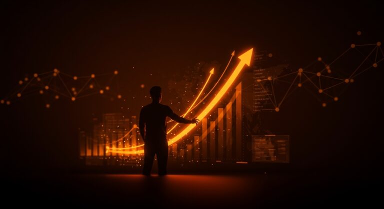 Fundador tech tomando control de su carrera profesional con metáforas visuales de liderazgo y crecimiento en startups.