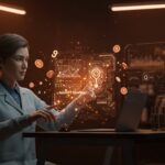 Escena futurista de laboratorio AI destacando NanoGPT Slowrun, simbolizando eficiencia en modelado de lenguaje con datos limitados y tecnología de Q Labs.