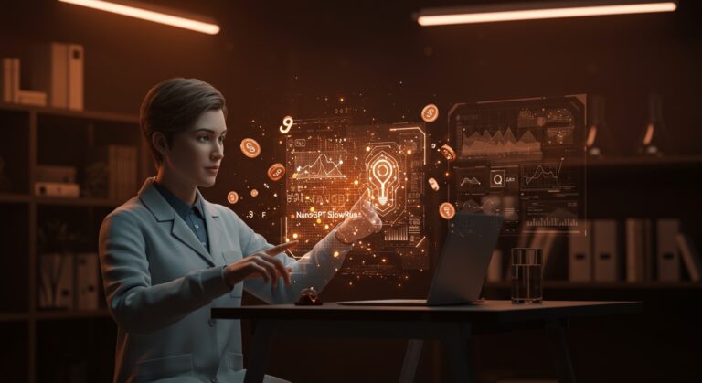 Escena futurista de laboratorio AI destacando NanoGPT Slowrun, simbolizando eficiencia en modelado de lenguaje con datos limitados y tecnología de Q Labs.