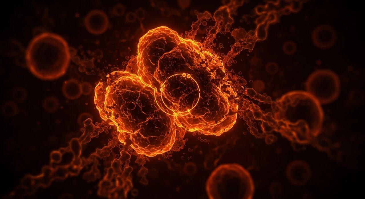 Nanomaterial de hierro eliminando cáncer sin dañar tejido sano, innovación médica en healthtech y biotecnología.