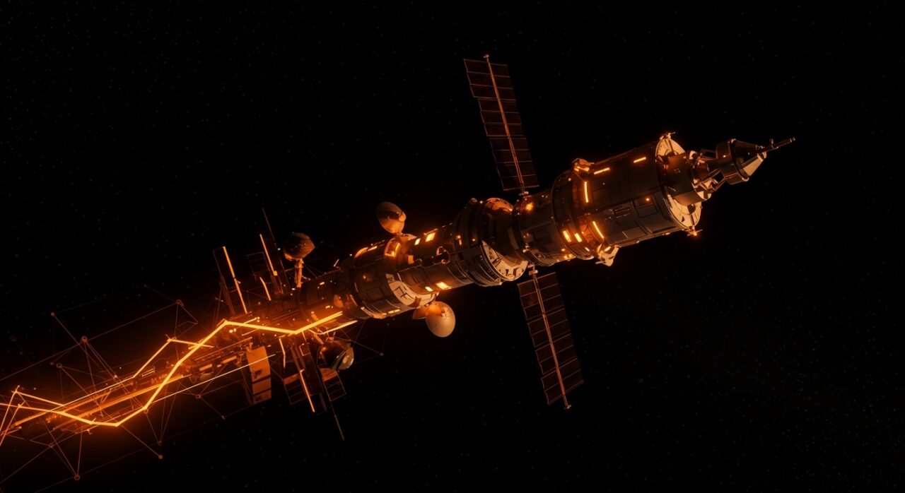 Estación espacial privada orbital iluminada en naranja y negro, simbolizando la transición comercial de NASA y los desafíos del mercado espacial orbital.