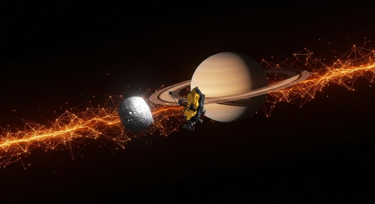 Imagen compuesta de los telescopios James Webb y Hubble fusionados mostrando Saturno, destacando innovación en tecnología espacial para startups.