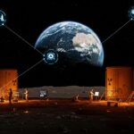 Base lunar futurista con tecnología nuclear y astronautas, representando la innovación y colonización espacial impulsada por NASA y startups.