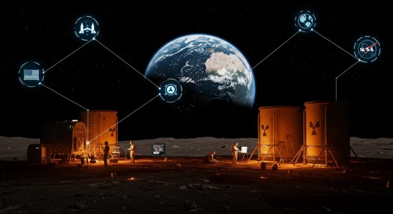 Base lunar futurista con tecnología nuclear y astronautas, representando la innovación y colonización espacial impulsada por NASA y startups.