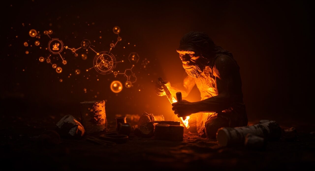 Neandertal aplicando alquitrán de abedul, resaltando tecnología prehistórica y propiedades antibacterianas en un contexto de innovación científica.